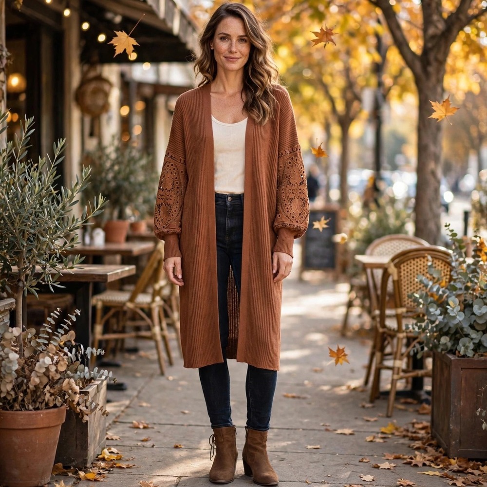 Rockin' C Rust Brown Ribbed‎ Longline Cardigan Crochet Lace Sleeve Eyelet Medium